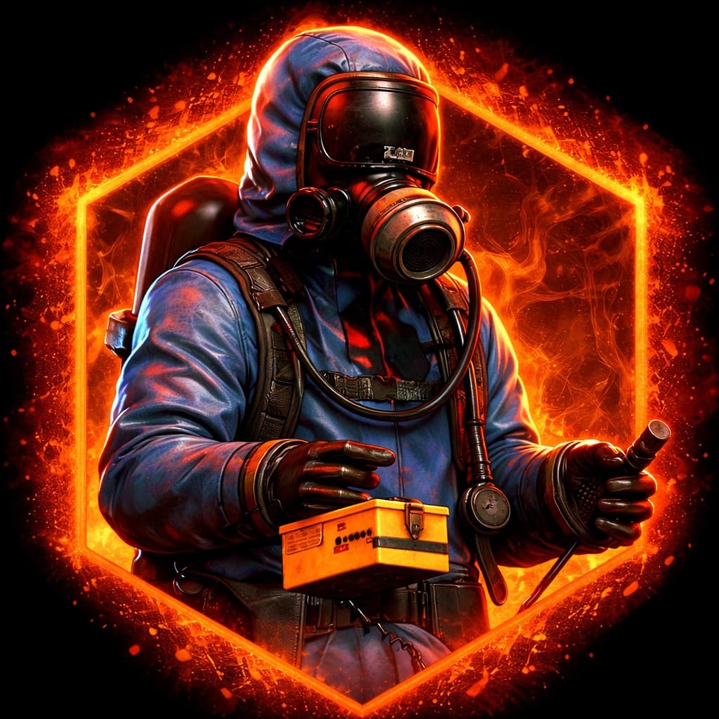 Rust — blue hazmat survivor in a fiery hex frame