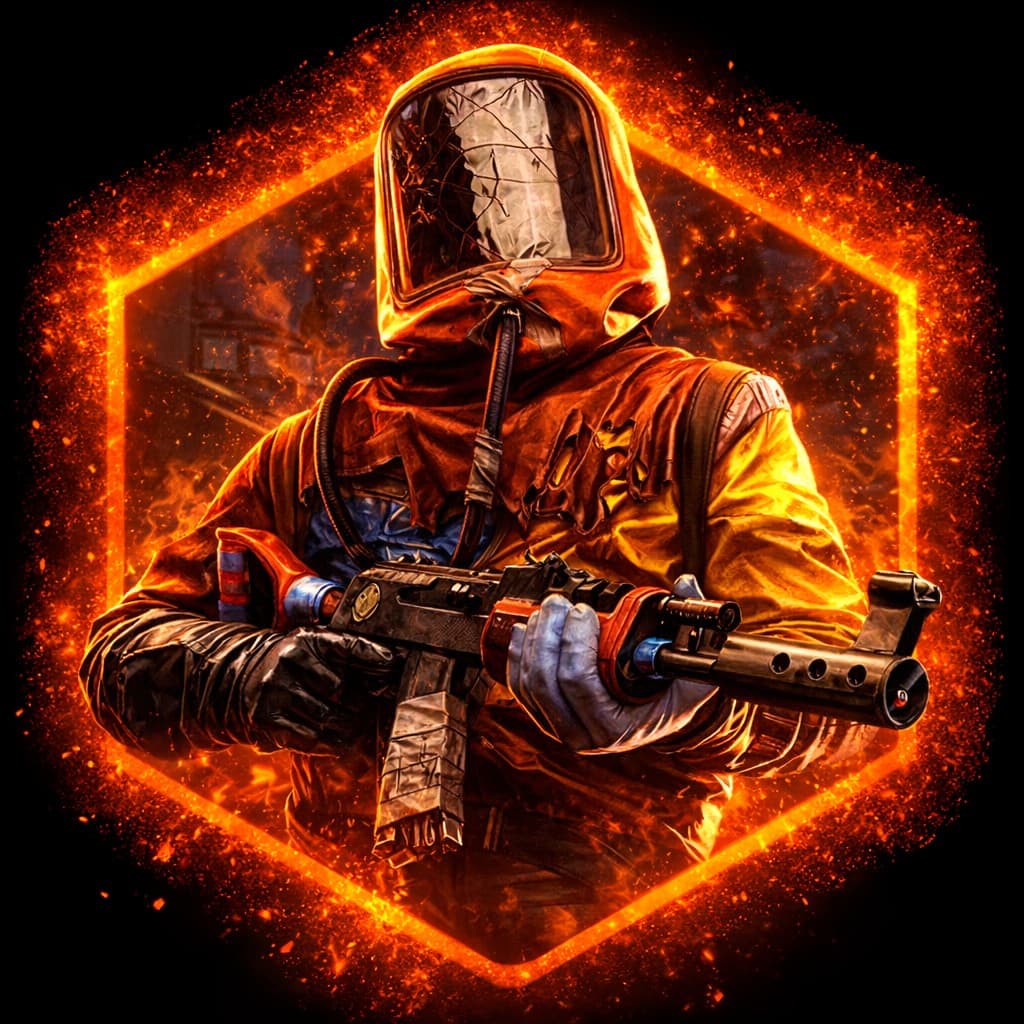 Rust — orange hazmat survivor with rifle in a fiery hex frame