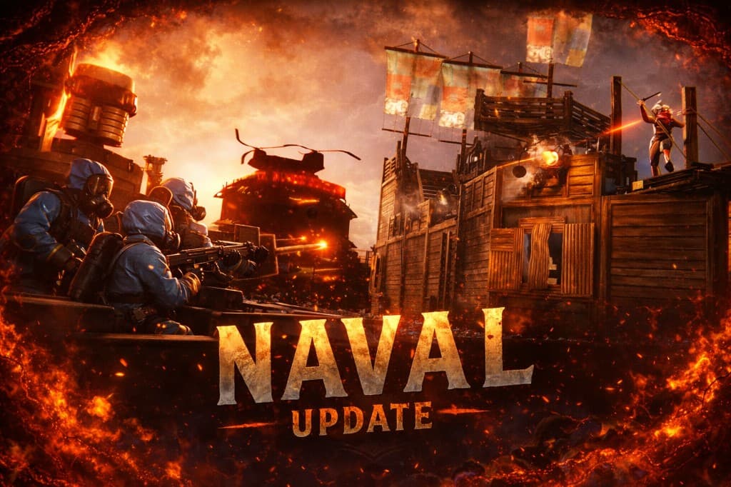 Rust — naval battle scene at sunset with hazmat crews