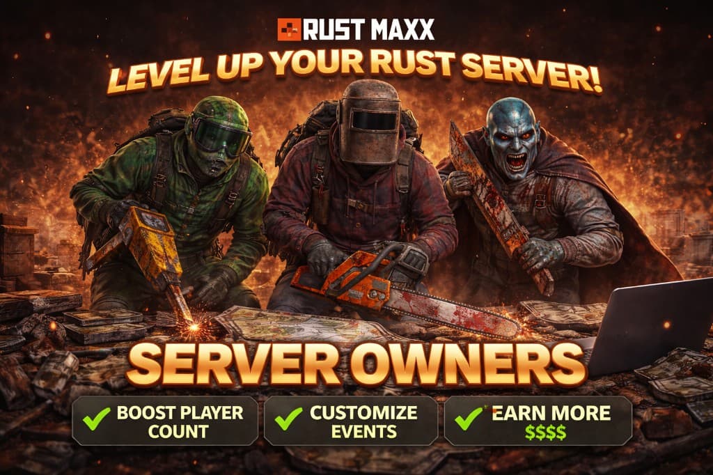 RustMaxx for server owners — level up your Rust server: boost player count, customize events, earn more